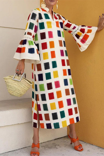 Casual Print Patchwork Slit V Neck Long Sleeve Dresses