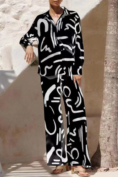 Casual Print Patchwork Turndown Collar Long Sleeve Two Pieces