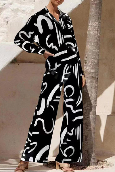 Casual Print Patchwork Turndown Collar Long Sleeve Two Pieces