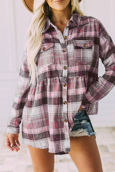 Casual Plaid Buckle Buttons Turndown Collar Blouses(5 Colors)