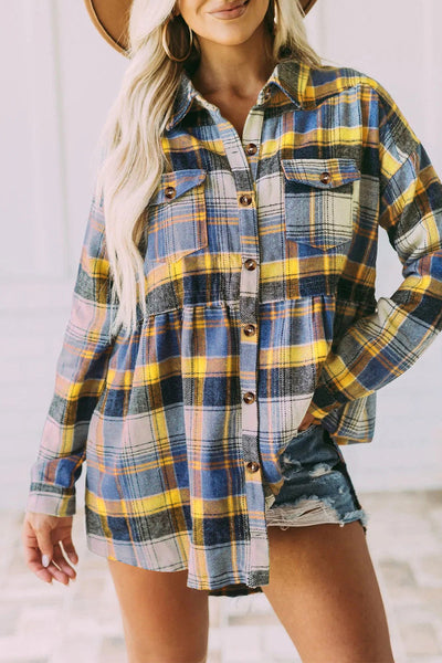 Casual Plaid Buckle Buttons Turndown Collar Blouses(5 Colors)