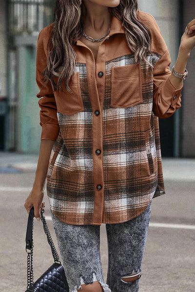 Street Plaid Patchwork Pocket Turndown Collar Blouses(3 Colors)