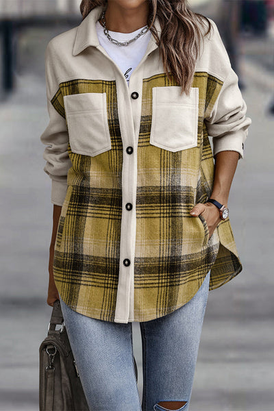 Street Plaid Patchwork Pocket Turndown Collar Blouses(3 Colors)