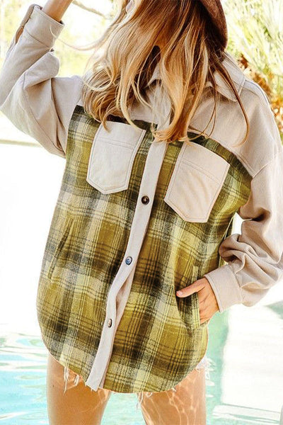 Street Plaid Patchwork Pocket Turndown Collar Blouses(3 Colors)