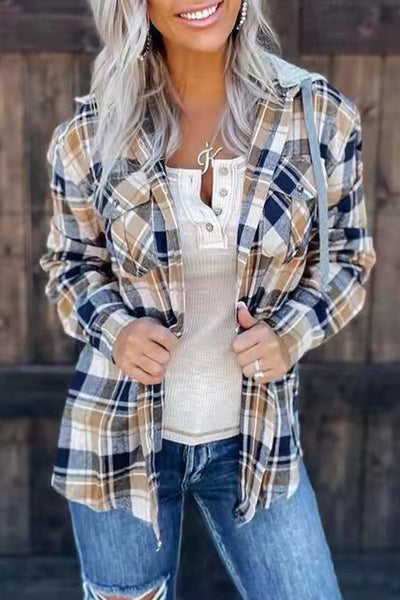 Street Plaid Patchwork Hooded Collar Tops