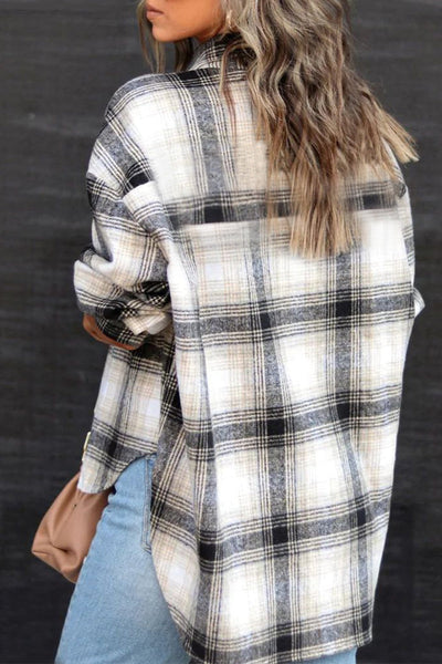 Casual Plaid Striped Pocket Buckle Shirt Collar Tops