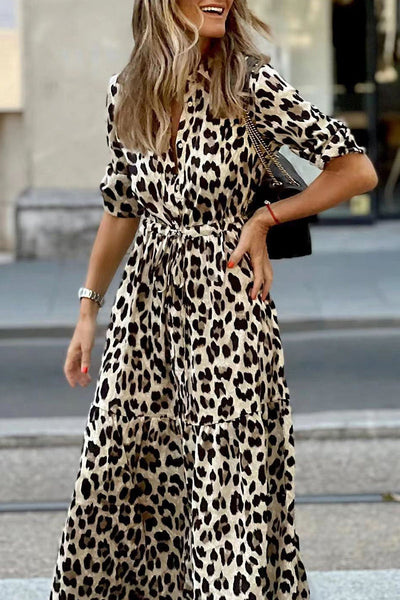 Casual Leopard Buttons V Neck A Line Dresses