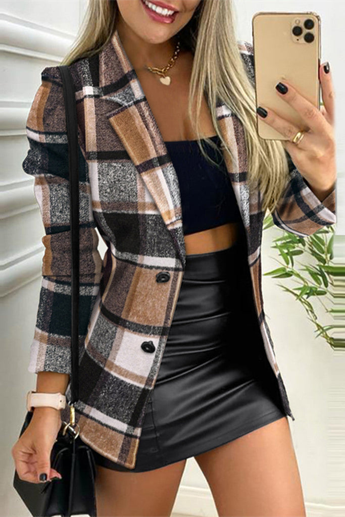 Casual Plaid Cardigan Turndown Collar Outerwear