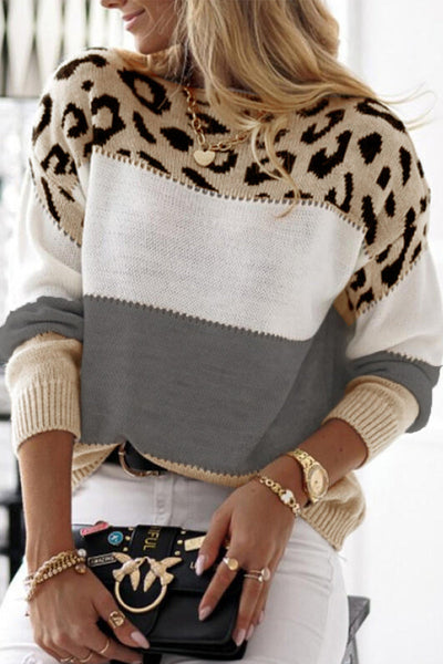 Casual Leopard Color Block Contrast O Neck Tops