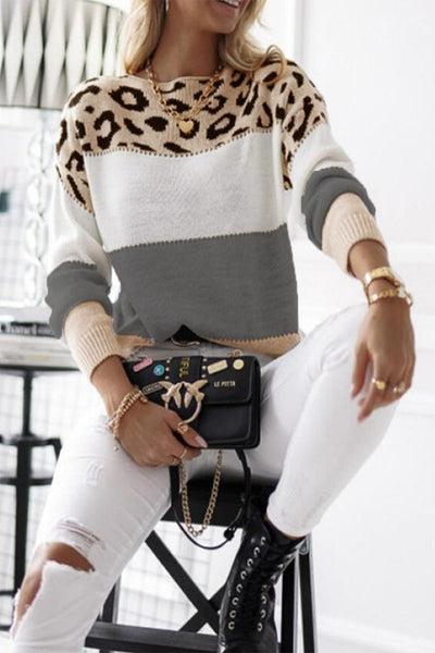 Casual Leopard Color Block Contrast O Neck Tops