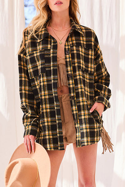 Street Plaid Tassel Turndown Collar Tops