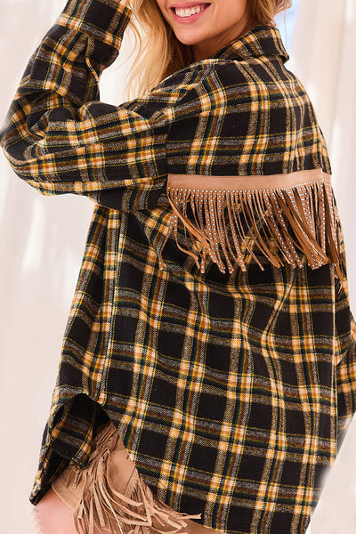 Street Plaid Tassel Turndown Collar Tops