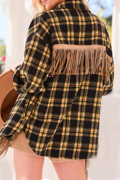 Street Plaid Tassel Turndown Collar Tops