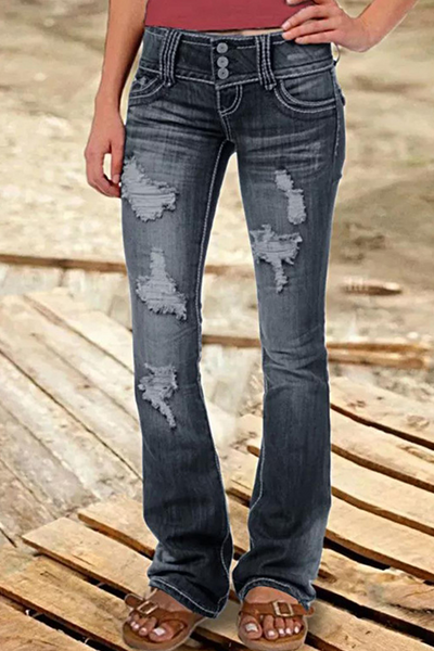 Street Patchwork Ripped High Waist Boot Cut Denim Jeans