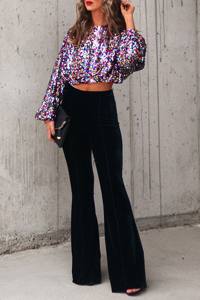 Street Patchwork Sequins O Neck Tops