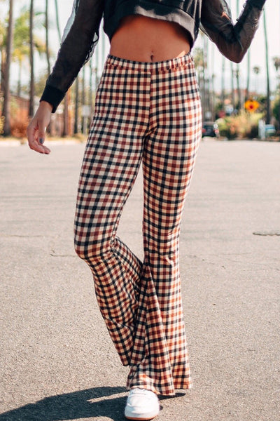 Street Sportswear Plaid Patchwork Boot Cut High Waist Straight Full Print Bottoms