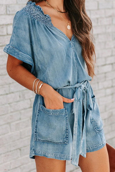 Street Solid Make Old V Neck Short Sleeve High Waist Loose Denim Jumpsuits