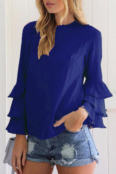 Casual Solid Flounce O Neck Tops(9 Colors)