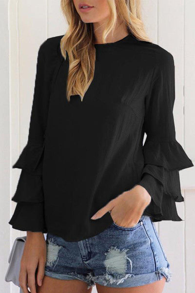 Casual Solid Flounce O Neck Tops(9 Colors)