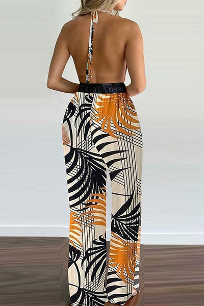 Casual Simplicity Print Spaghetti Strap Loose Jumpsuits