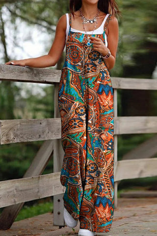 Casual Print Printing Square Collar Loose Jumpsuits