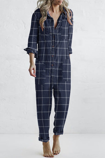 Casual Plaid Buckle Loose Jumpsuits