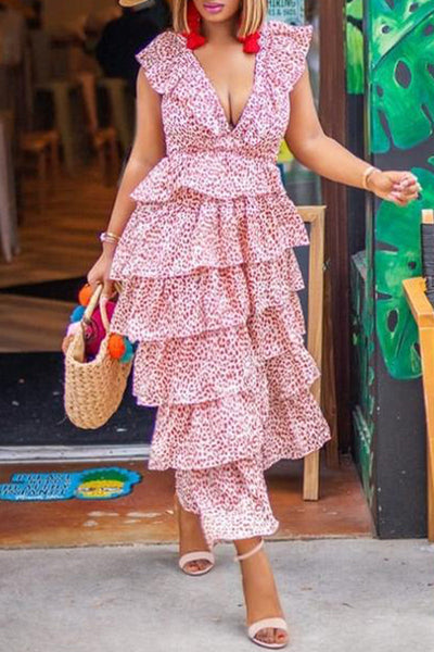 Sexy Vacation Print Patchwork V Neck Cake Skirt Dresses