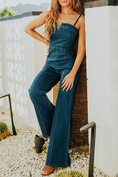 Casual Street Solid Solid Color Square Collar High Waist Regular Denim Jumpsuits