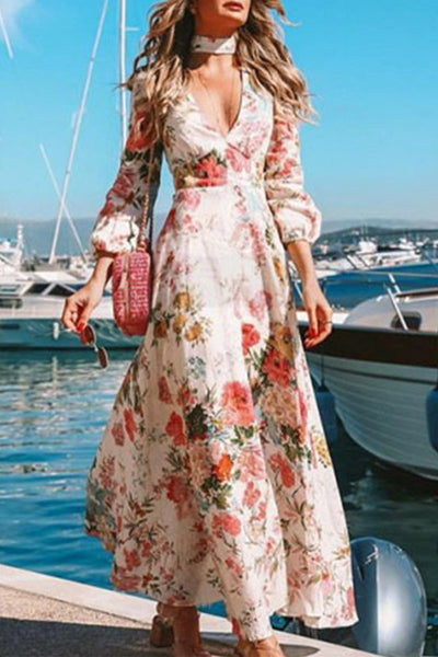 Elegant Vacation Floral Patchwork V Neck Beach Dress Dresses