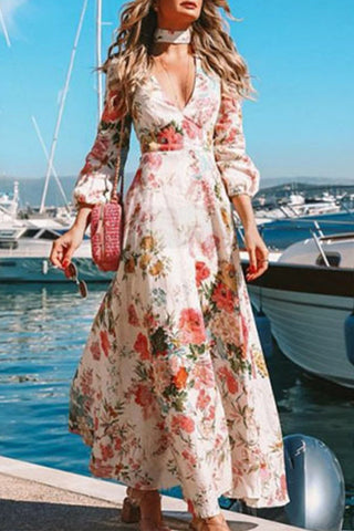 Elegant Vacation Floral Patchwork V Neck Beach Dress Dresses