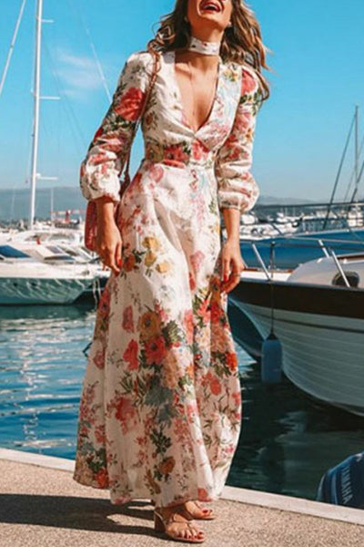 Elegant Vacation Floral Patchwork V Neck Beach Dress Dresses