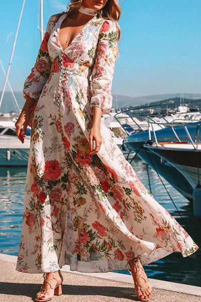 Elegant Vacation Floral Patchwork V Neck Beach Dress Dresses