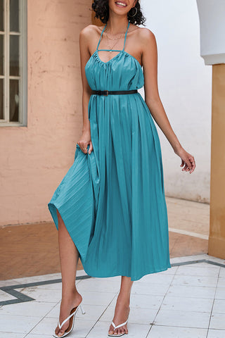 Sexy Vacation Solid Fold With Belt Halter A Line Dresses