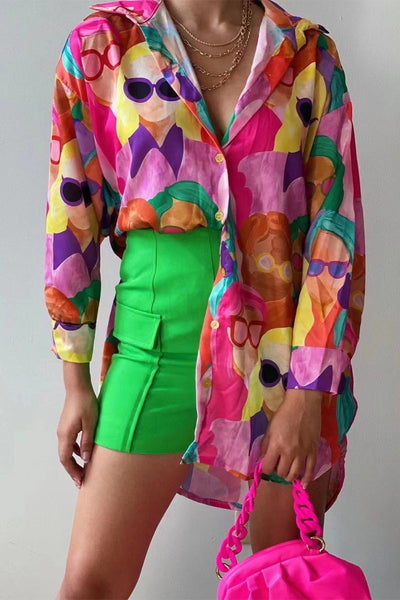 Street College Geometric Patchwork Shirt Collar Tops