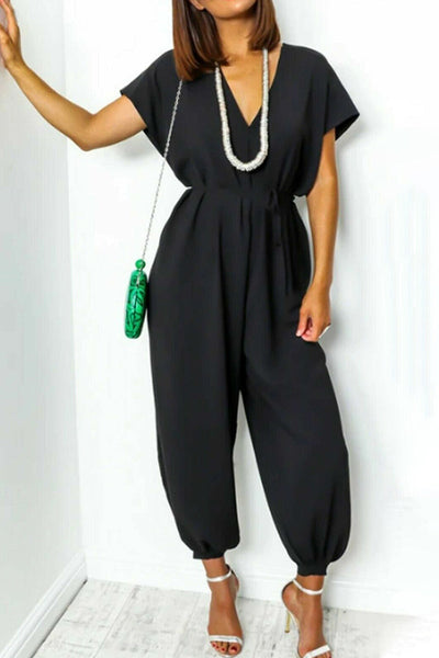 Casual Simplicity Solid Frenulum V Neck Loose Jumpsuits