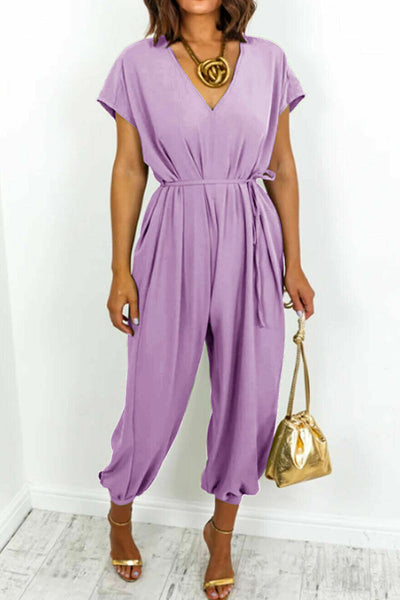 Casual Simplicity Solid Frenulum V Neck Loose Jumpsuits