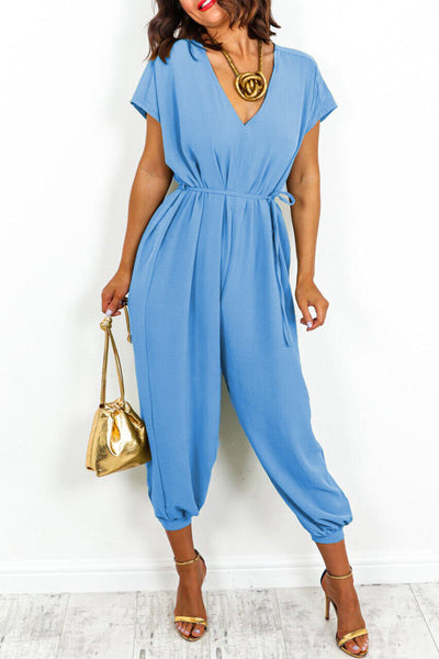 Casual Simplicity Solid Frenulum V Neck Loose Jumpsuits