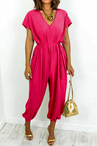 Casual Simplicity Solid Frenulum V Neck Loose Jumpsuits