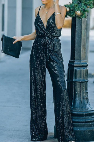 Street Elegant Solid Embroidered Sequins V Neck Regular Jumpsuits