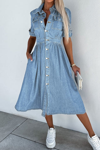 Casual Solid Patchwork Turndown Collar Short Sleeve High Waist Regular Denim Dresses