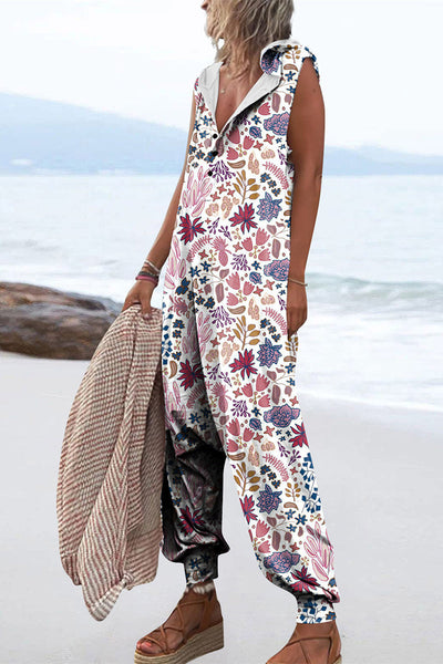 Casual Print Patchwork Hooded Collar Loose Jumpsuits