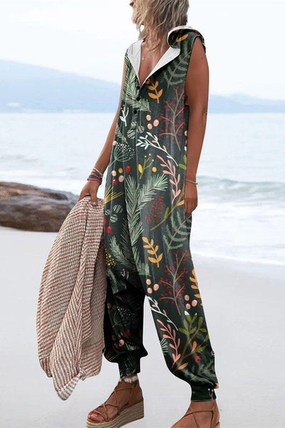 Casual Print Patchwork Hooded Collar Loose Jumpsuits