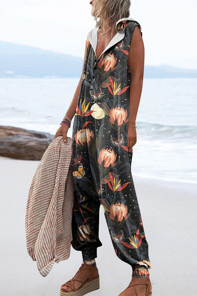 Casual Print Patchwork Hooded Collar Loose Jumpsuits