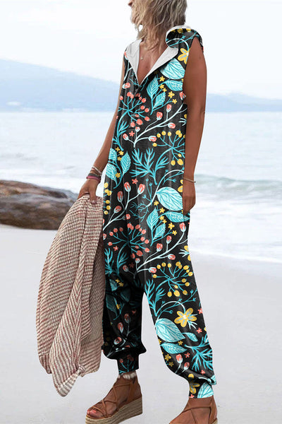 Casual Print Patchwork Hooded Collar Loose Jumpsuits