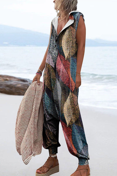 Casual Print Patchwork Hooded Collar Loose Jumpsuits