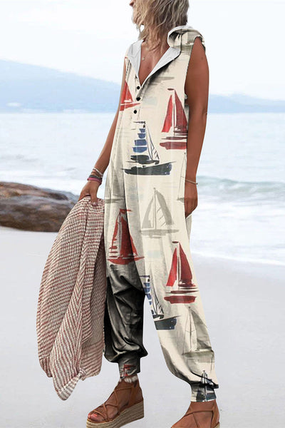 Casual Print Patchwork Hooded Collar Loose Jumpsuits