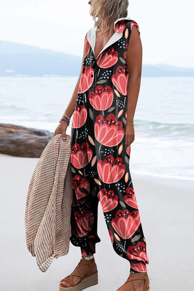 Casual Print Patchwork Hooded Collar Loose Jumpsuits