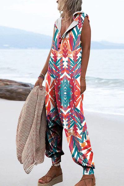 Casual Print Patchwork Hooded Collar Loose Jumpsuits