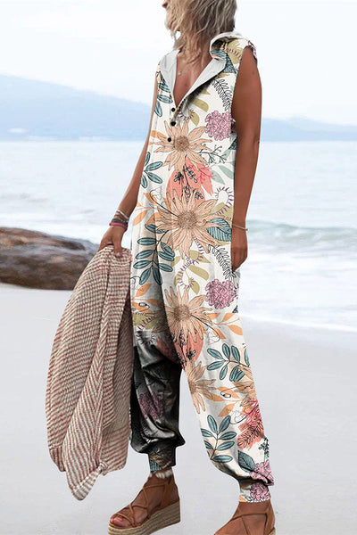 Casual Print Patchwork Hooded Collar Loose Jumpsuits