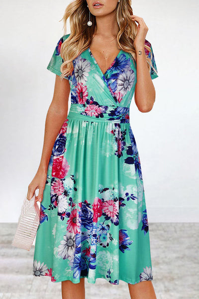 Elegant College Floral Patchwork V Neck A Line Dresses